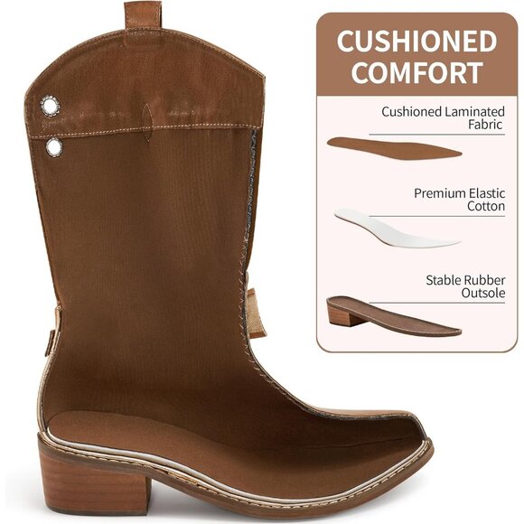Women's Brown Western Leather Mid Calf Fashion Chunky Cowgirl Pointed Toe Boot - Picture 3 of 7